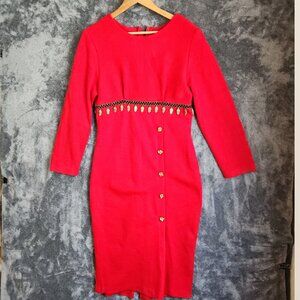 Claudia Womens Pencil Dress Red Long Sleeve Knit Shoulder Pad Leaf Trim Button